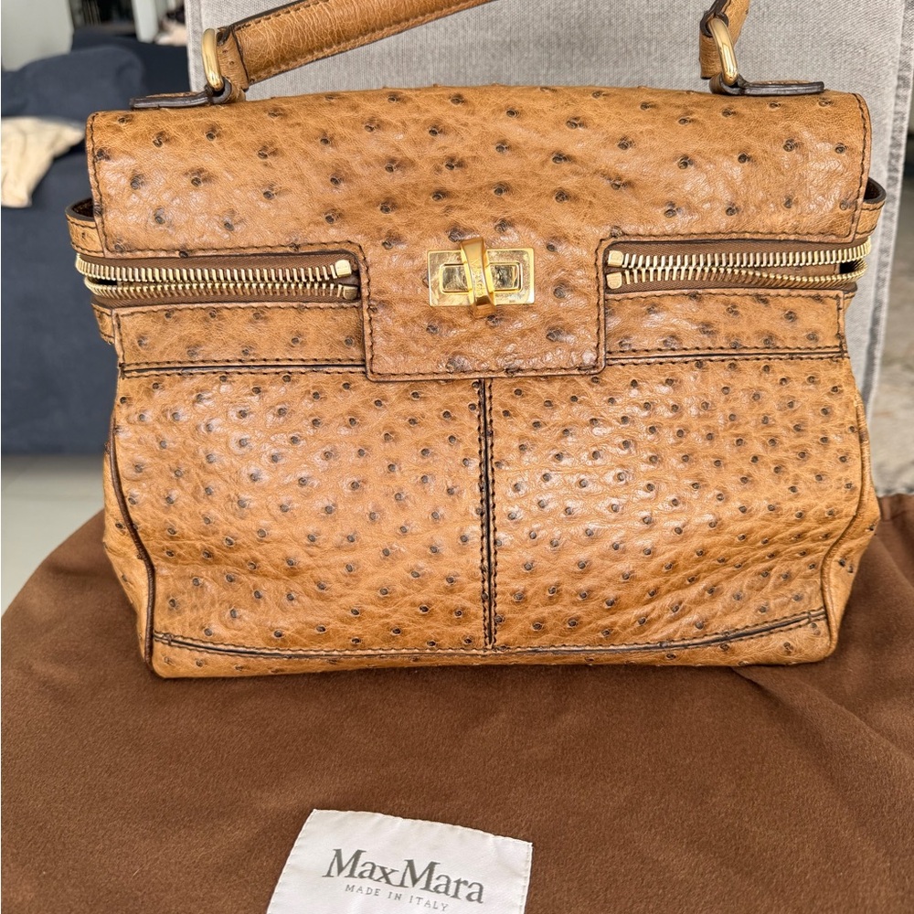 MaxMara Tan Ostrich-Texture Top Handle Satchel with Gold Hardware